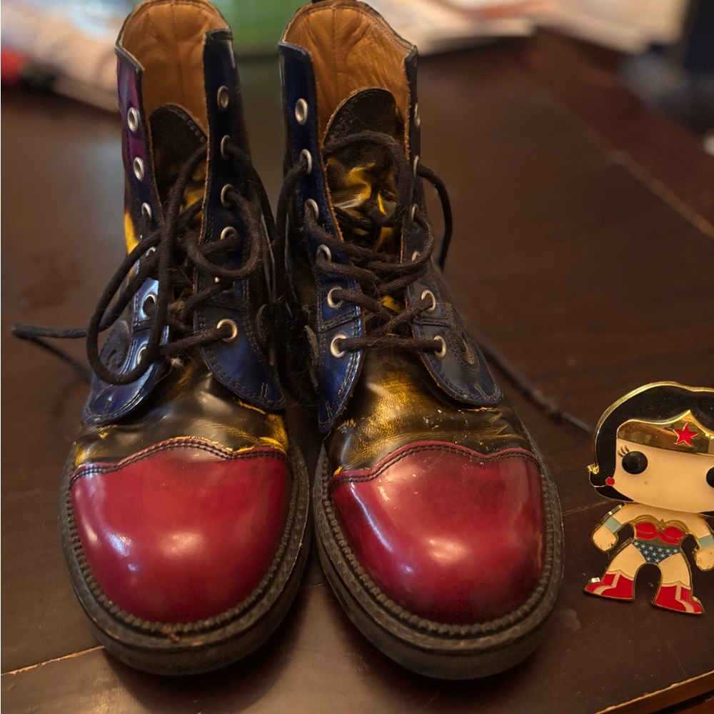 John Fluevog Red and Blue Combat Boots